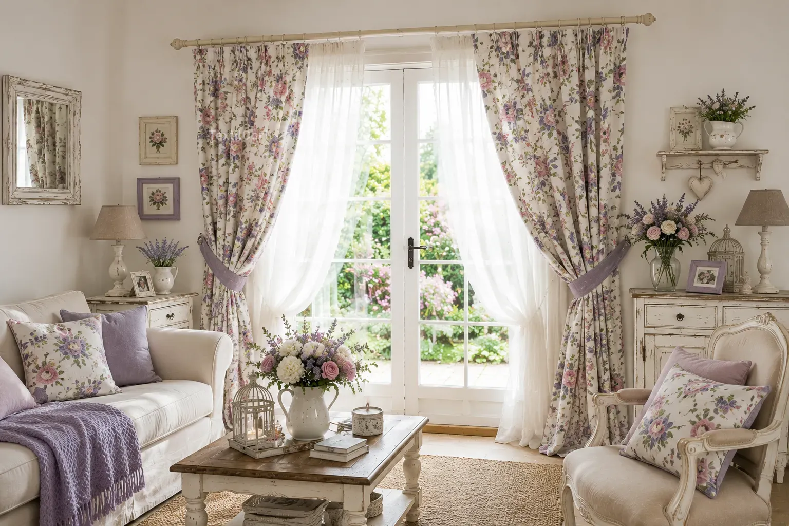 Interior estilo Shabby Chic con cortinas florales y visillos ligeros
