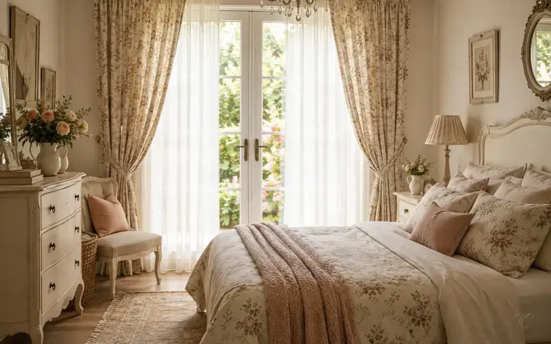Salón estilo Shabby Chic con cortinas florales, visillos ligeros y decoración vintage