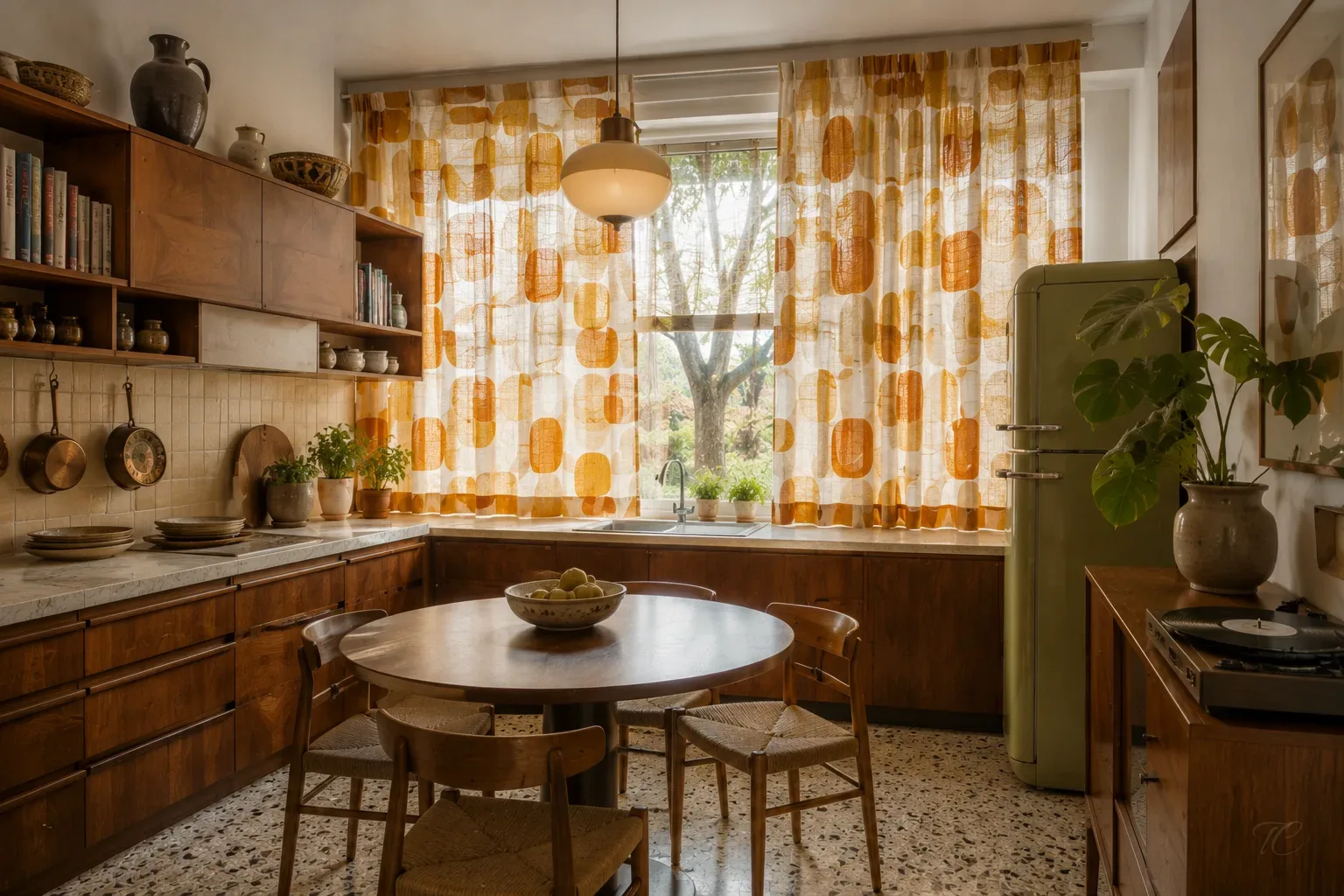 Cocina vintage con cortinas estampadas en tonos mostaza