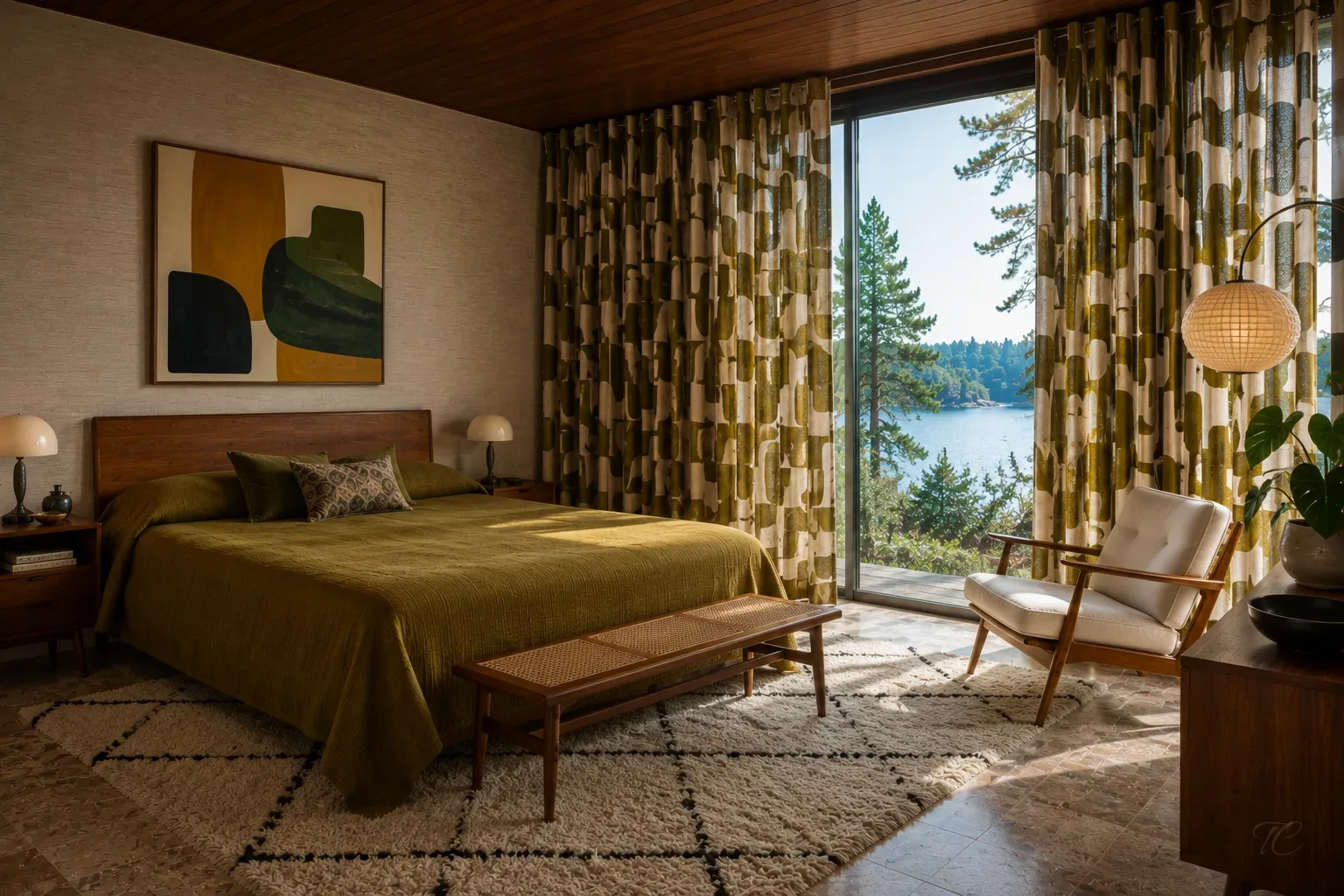 Dormitorio vintage con cortinas estampadas en tonos verdes
