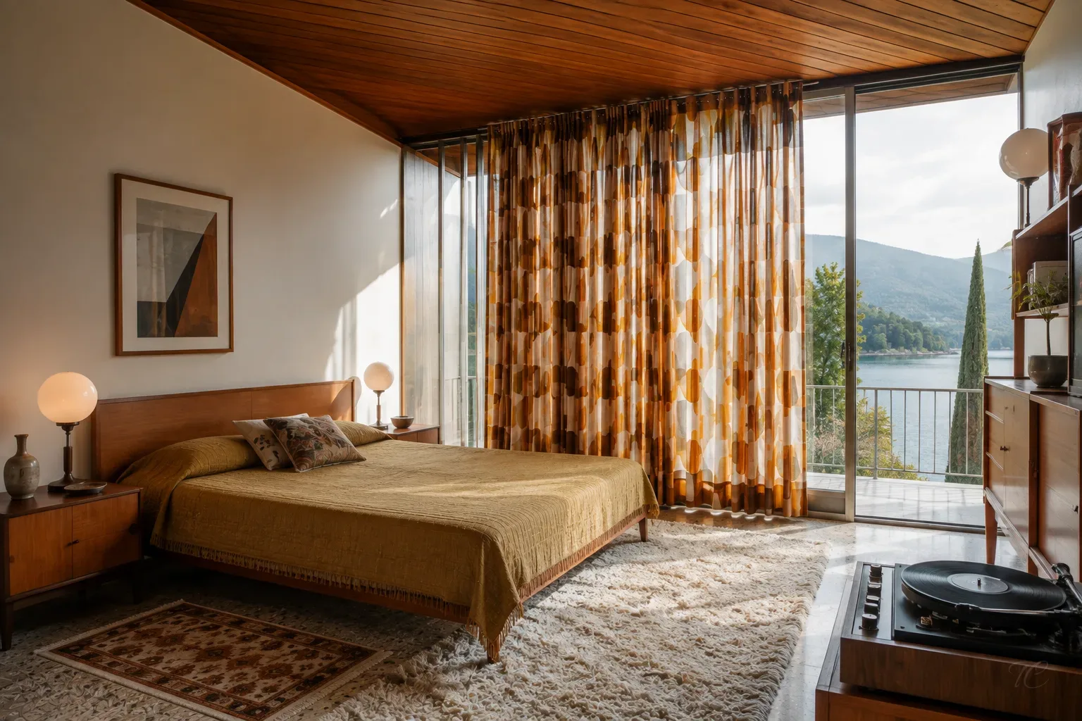 Dormitorio vintage con cortinas estampadas en tonos cálidos