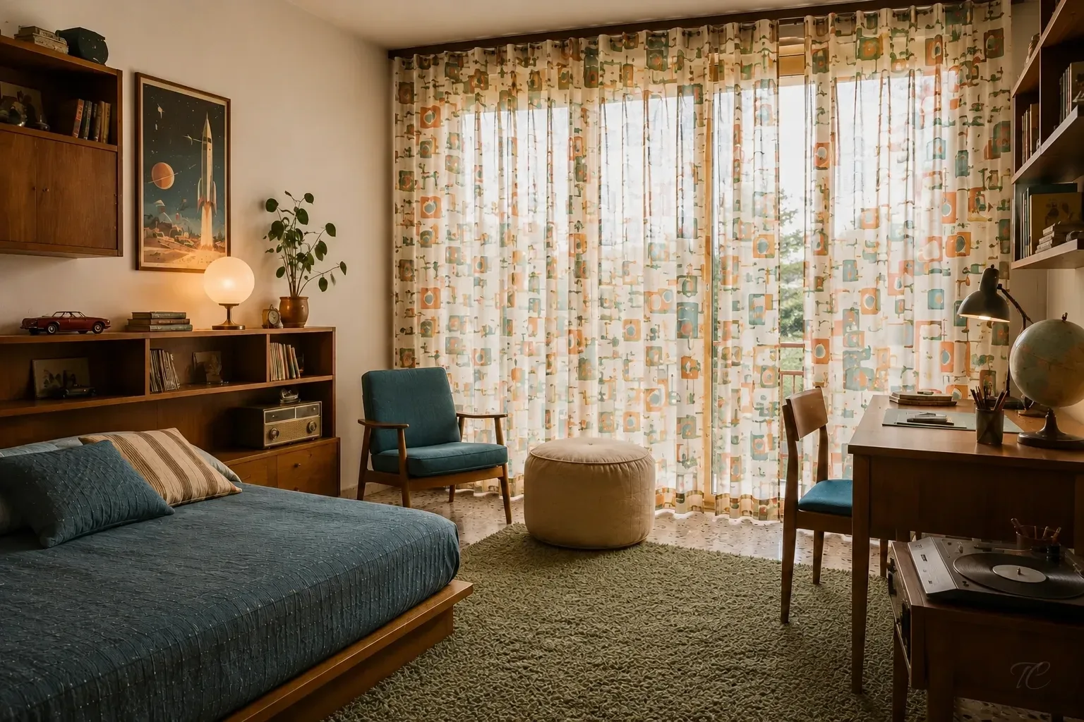 Dormitorio juvenil vintage con cortinas translúcidas estampadas