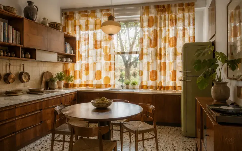 Cocina vintage con cortinas estampadas en tonos mostaza