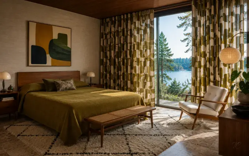 Dormitorio vintage con cortinas estampadas en tonos verdes