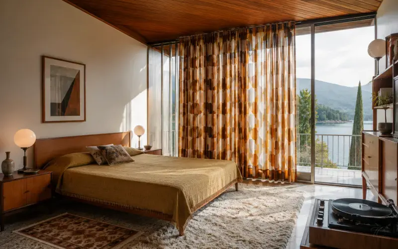 Dormitorio vintage con cortinas estampadas en tonos cálidos