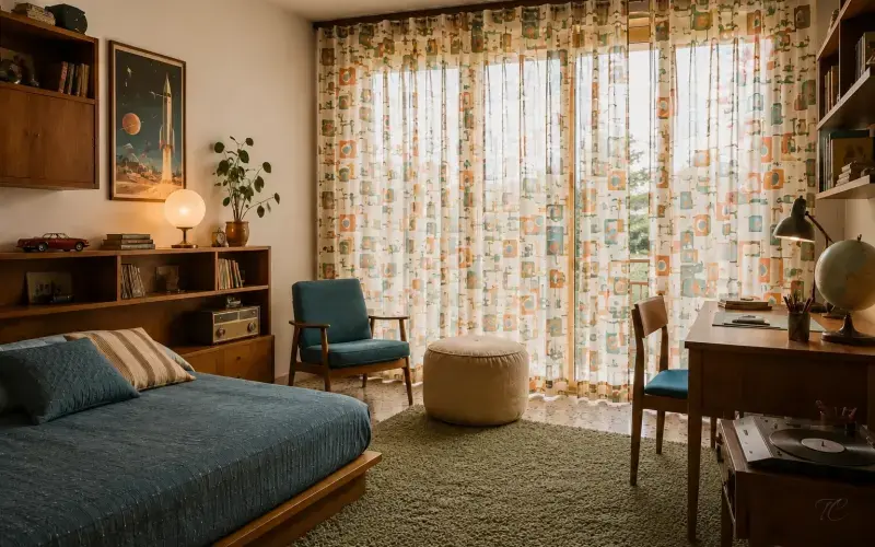 Dormitorio juvenil vintage con cortinas translúcidas estampadas