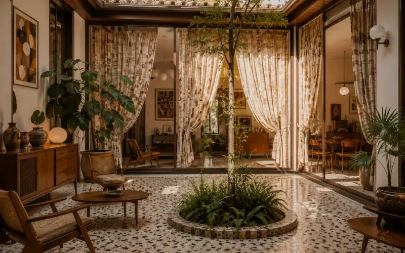 Patio interior vintage con cortinas estampadas a medida
