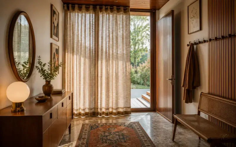 Recibidor vintage con cortinas de tejido natural