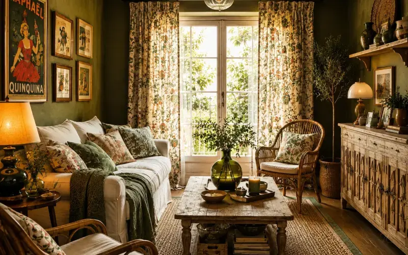 Sala de estar vintage con cortinas estampadas florales