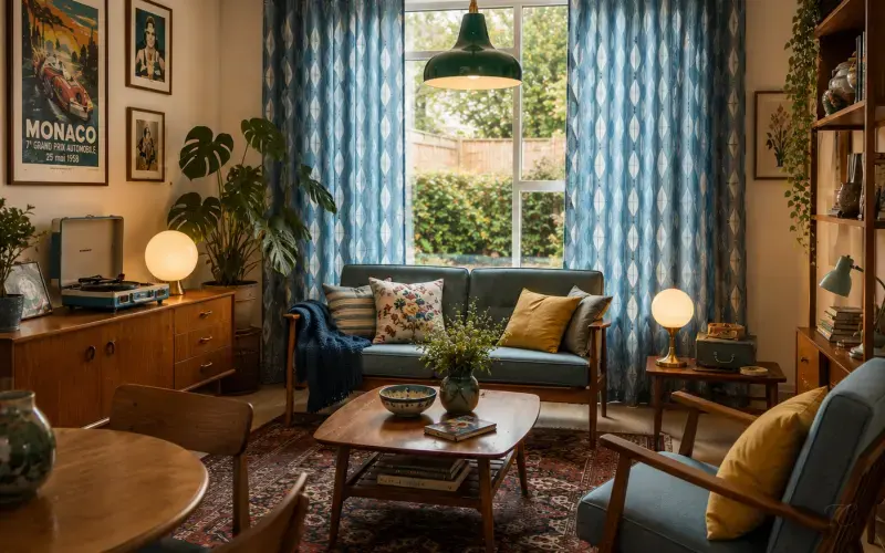 Salita vintage con cortinas azules de estampado geométrico