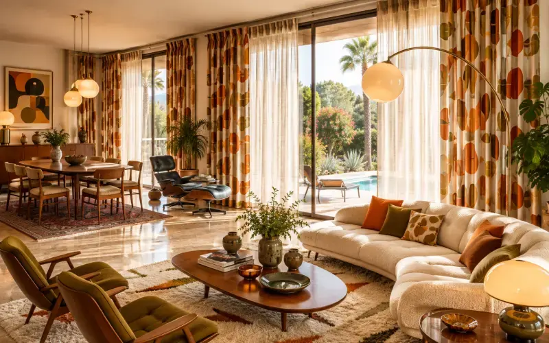 Salón estilo Vintage con cortinas decorativas, visillos delicados y mobiliario retro