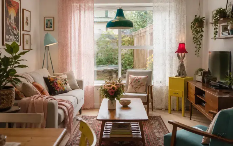 Salón vintage con visillos decorativos en diferentes colores