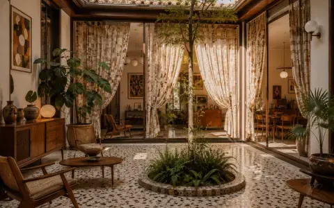 Patio interior vintage con cortinas estampadas a medida – TextilCort