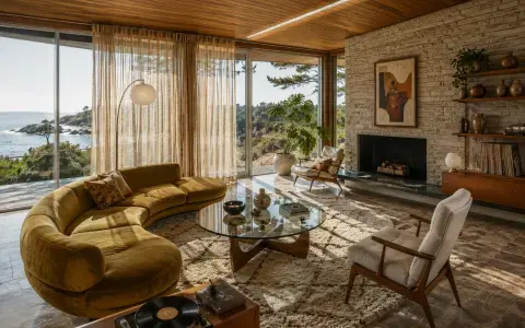 Salón vintage con cortinas de tejido natural y gran ventanal – TextilCort