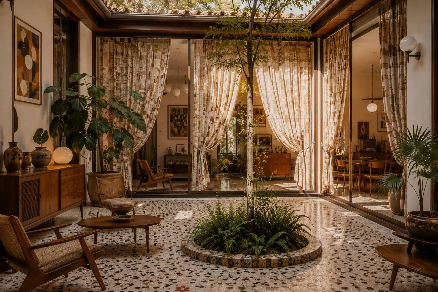 Patio interior vintage con cortinas estampadas a medida
