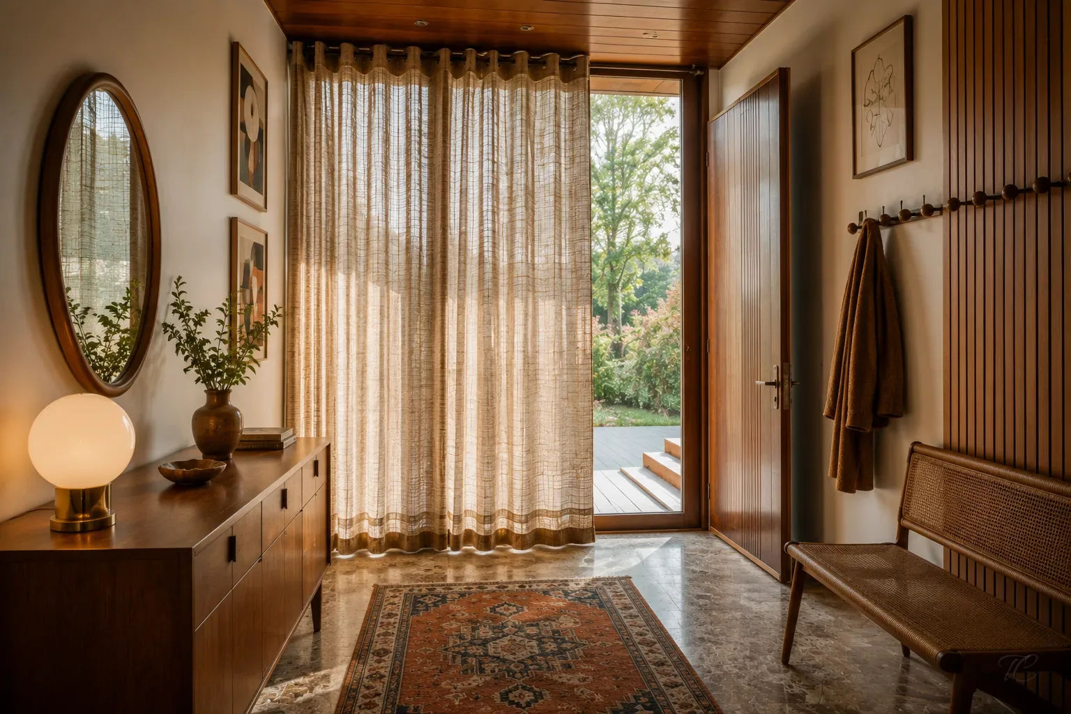 Recibidor vintage con cortinas de tejido natural