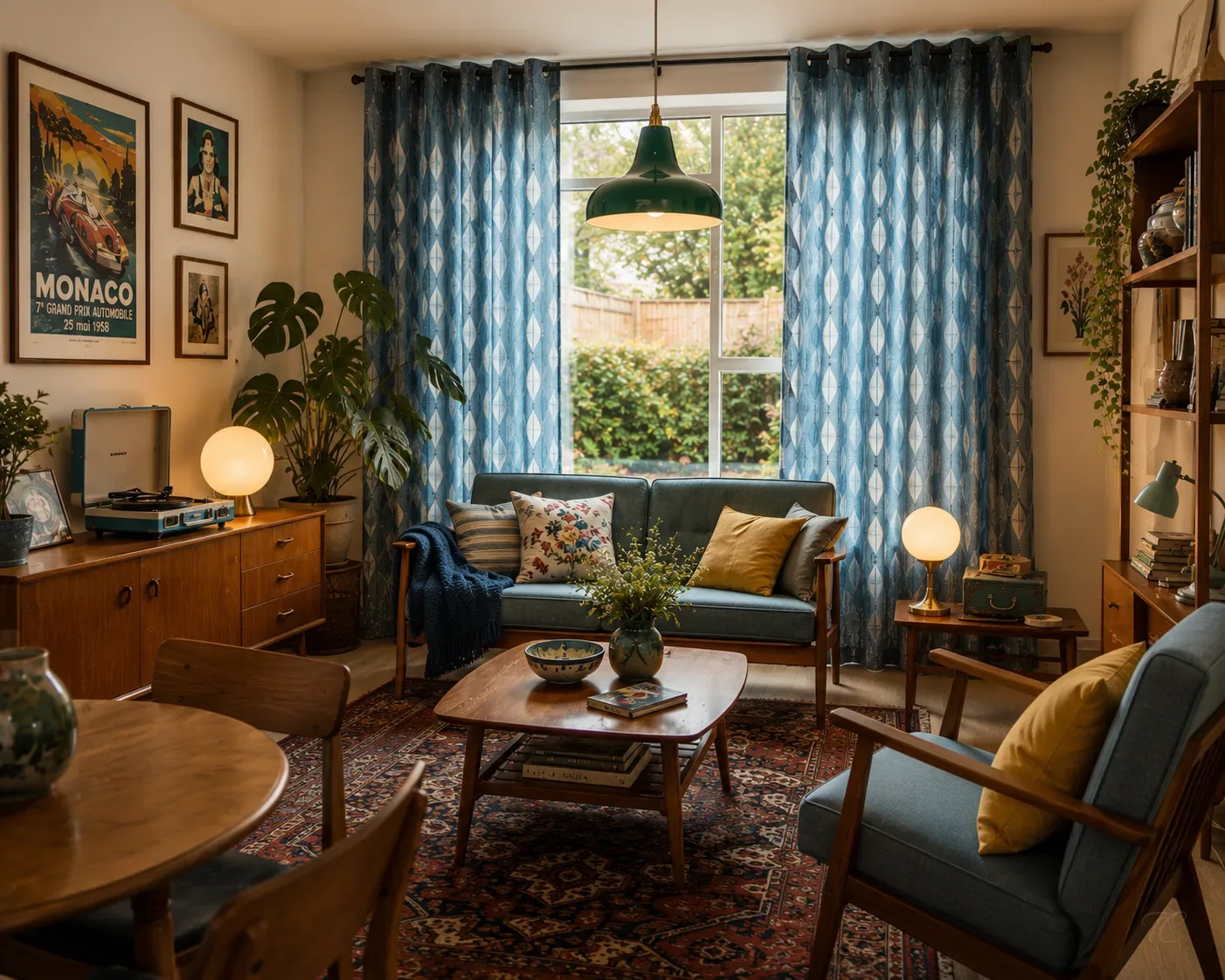 Salita vintage con cortinas azules de estampado geométrico