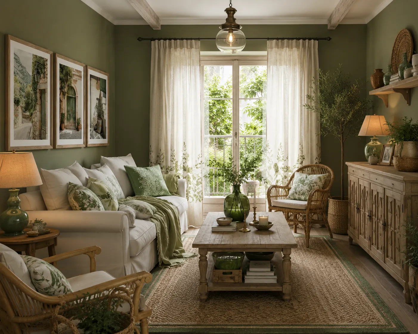 Salón estilo Vintage con cortinas decorativas, visillos delicados y mobiliario retro