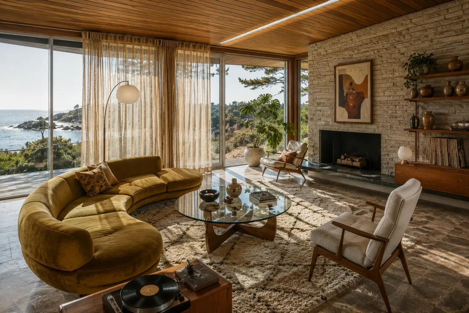 Salón vintage con cortinas de tejido natural y gran ventanal