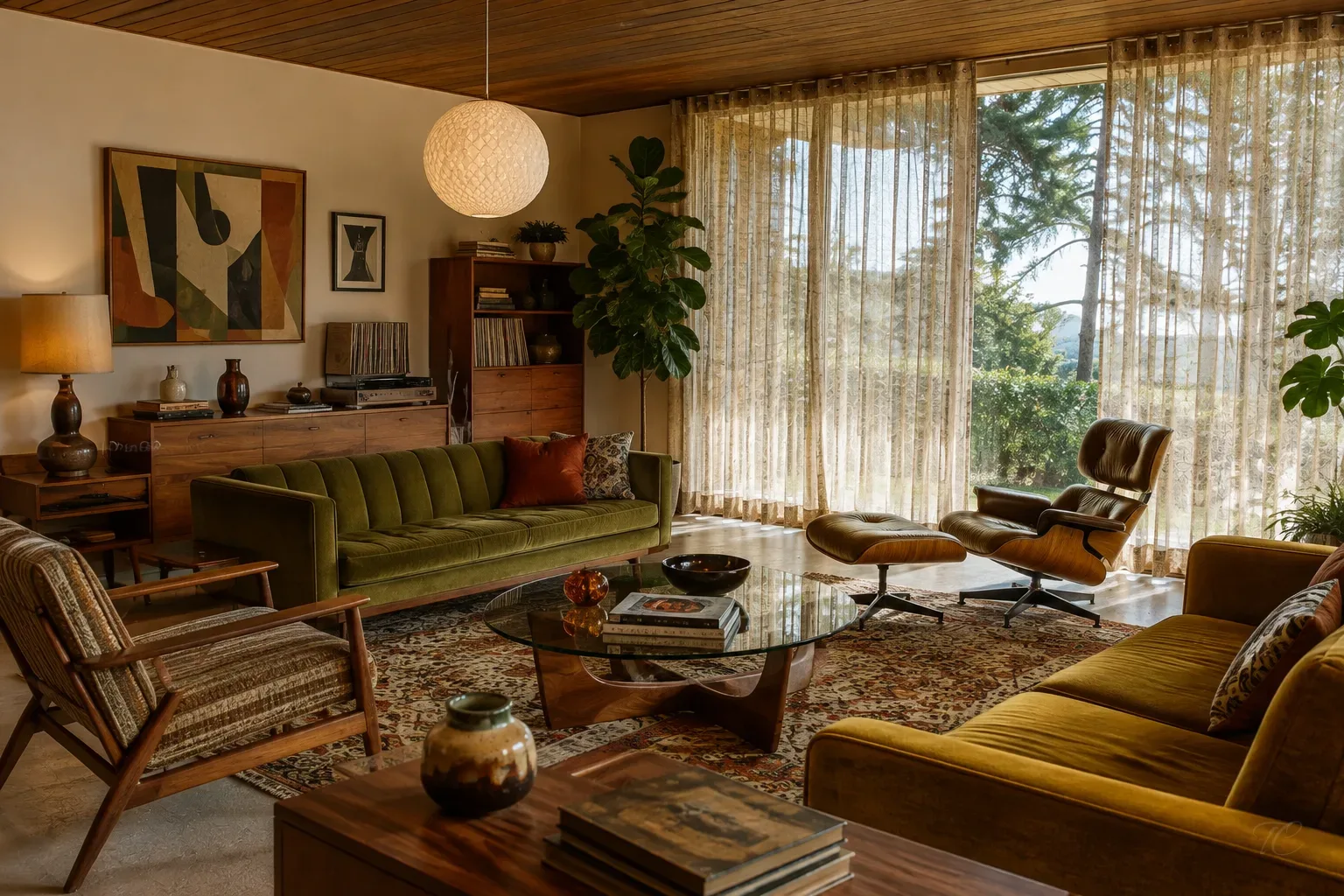 Salón vintage con cortinas translúcidas de tejido natural