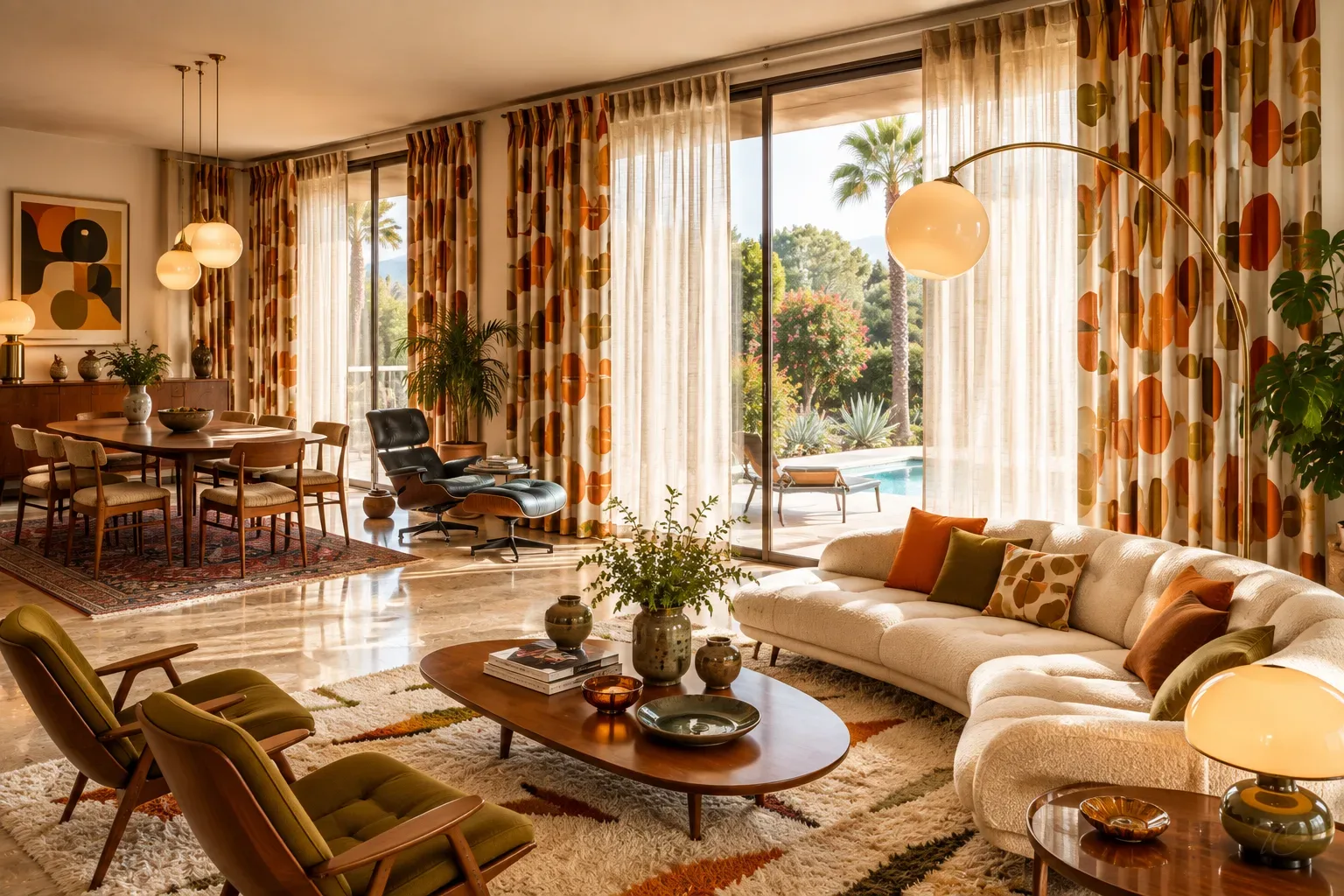 Salón vintage con dobles cortinas estampadas y visillos