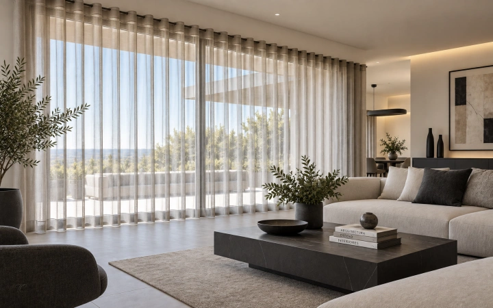 Cortinas de Onda Perfecta en salón contemporáneo