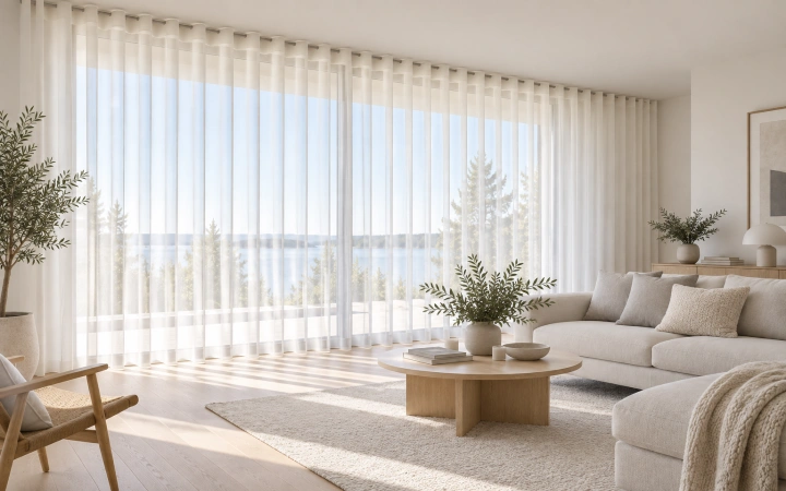 Cortinas de Onda Perfecta en salón escandinavo