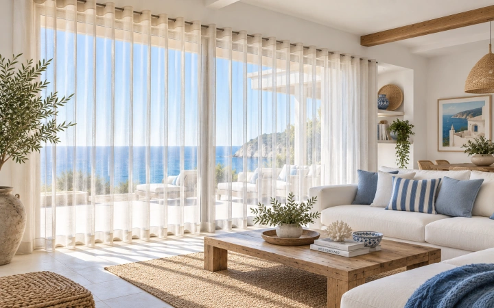 Cortinas de Onda Perfecta en salón mediterráneo