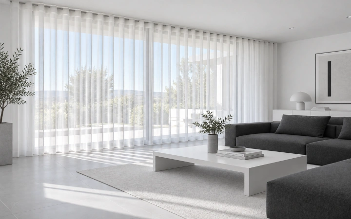 Cortinas de Onda Perfecta en salón minimalista