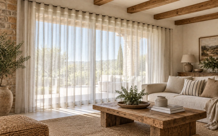 Cortinas de Onda Perfecta en salón rústico