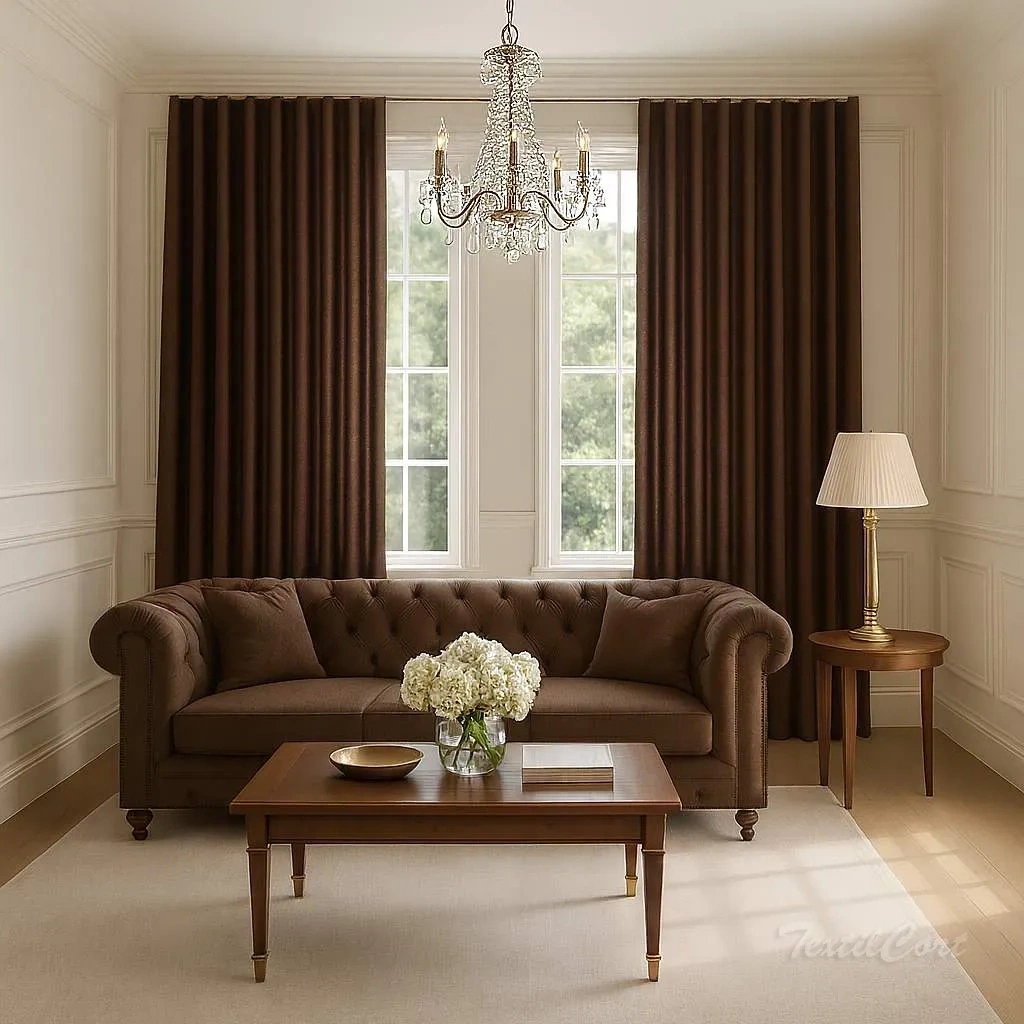 Cortinas de onda perfecta en salón de estilo marrón oscuro estilo Art Decó