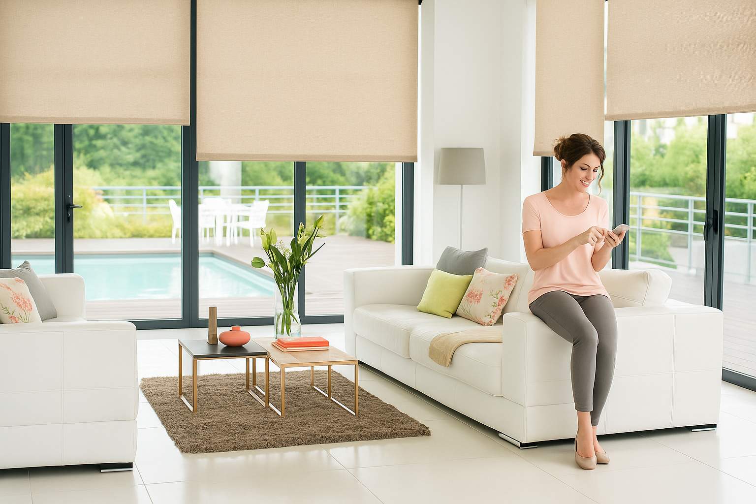 Ambiente moderno con estores enrollables motorizados TextilCort