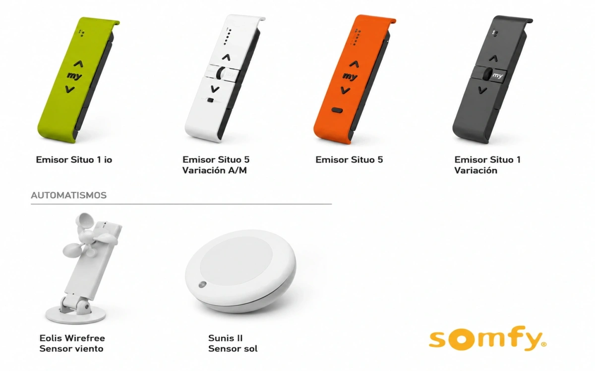 Mandos y sensores de viento, lluvia y sol para automatización Somfy