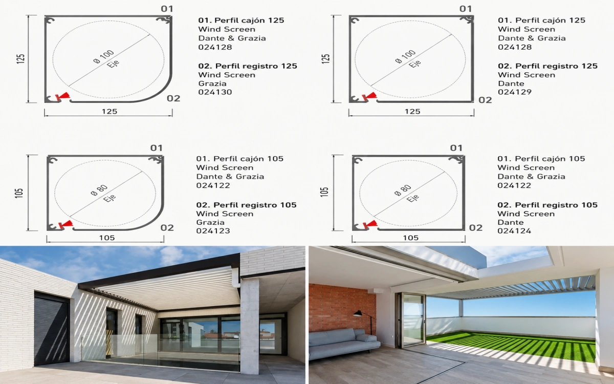 Cajetines cuadrado y redondo del estor Wind Screen con dimensiones y secciones