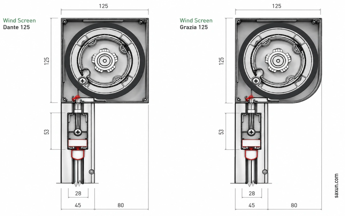 Esquema técnico de cajetines del sistema Wind Screen