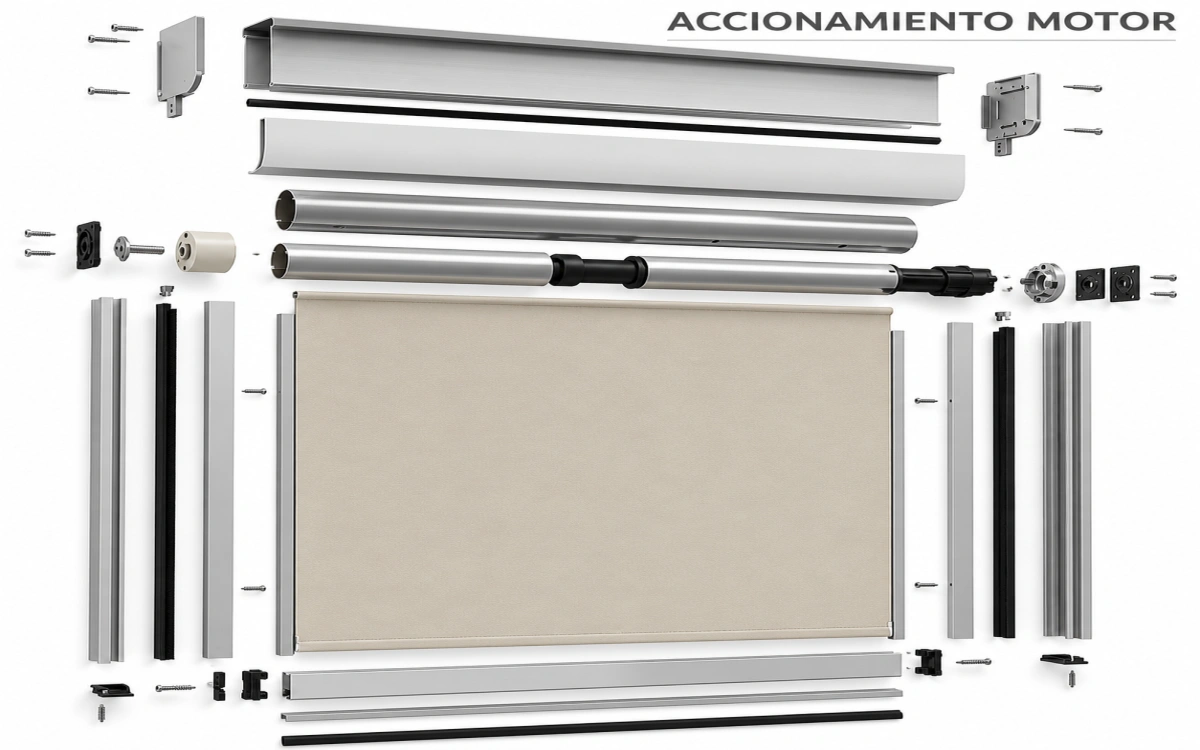 Detalles de despiece y componentes del estor Wind Screen con cremallera