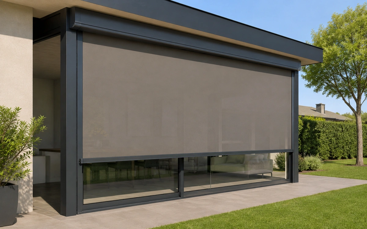 Estor enrollable exterior Wind Screen con cremallera color ocre translúcido