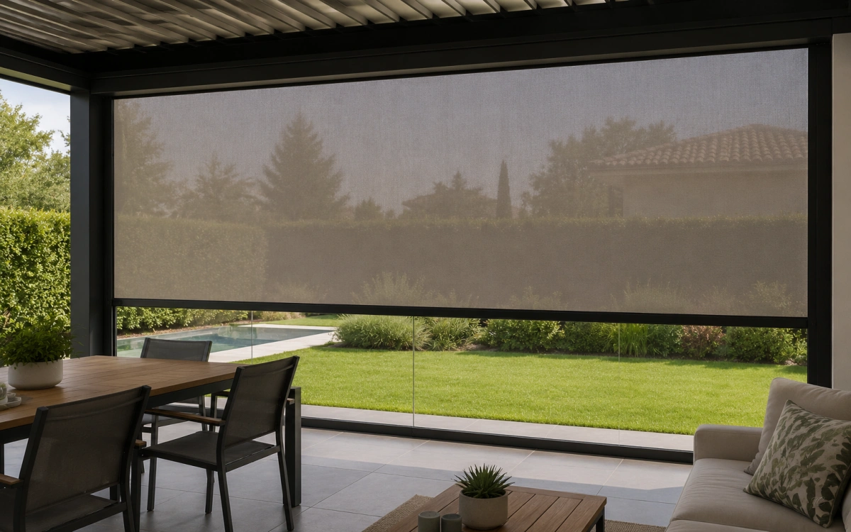 Estores wind screen en ventanas edificio como persianas