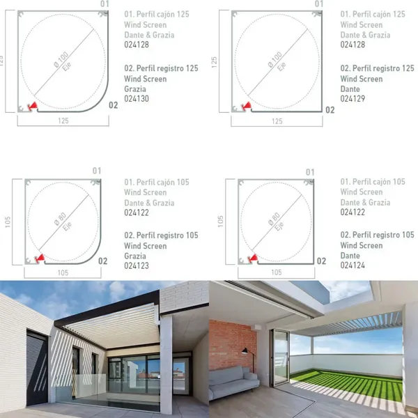 Cajetines cuadrado y redondo del estor Wind Screen con dimensiones y secciones