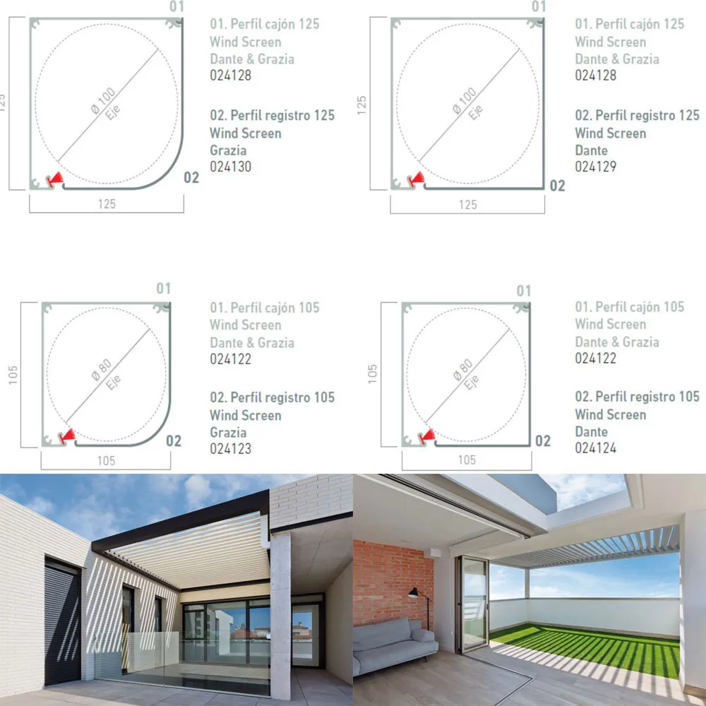 Cajetines cuadrado y redondo del estor Wind Screen con dimensiones y secciones