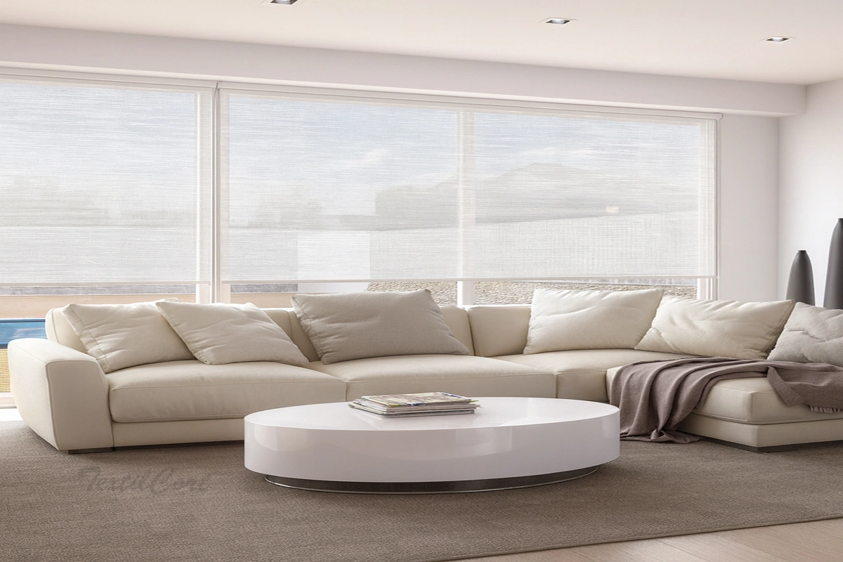 Ambiente con estor enrollable Hepalo modelo Mediterraneo