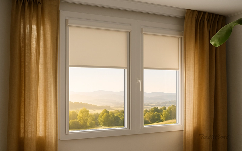 Estores enrollables minifast beig con cortinas decormed textilcort