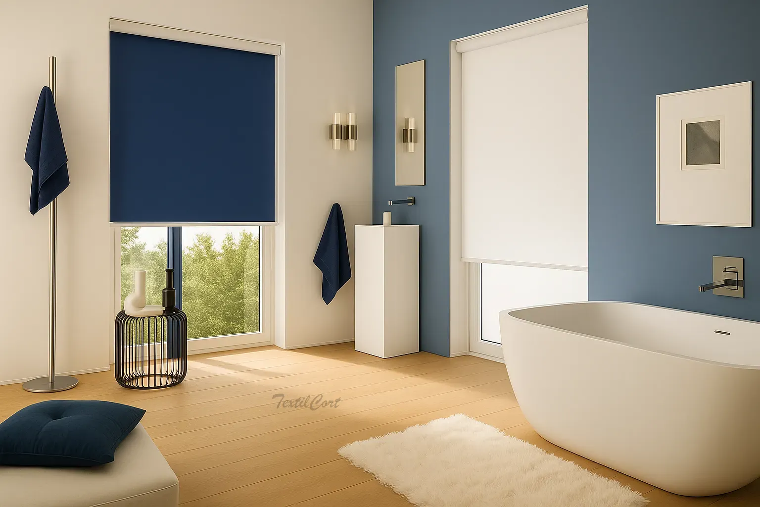 Estores enrollables opacos azul blanco aseo TextilCort