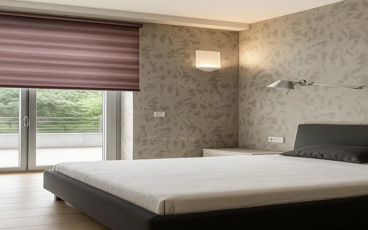 Estor enrollable resinado listado granate dormitorio textilcort