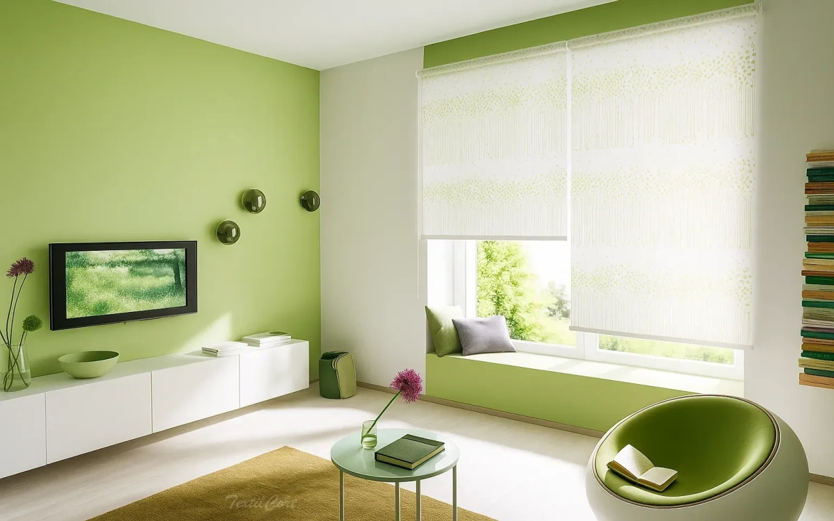 Estores enrollables resinados estampados blanco verde textilcort