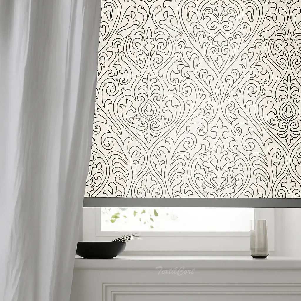 Estor enrollable resinado grabado blanco negro textilcort