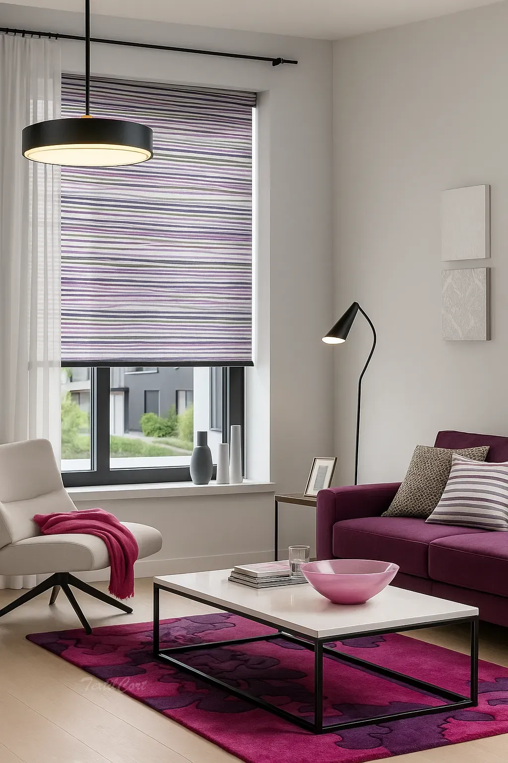 Estor enrollable resinado jaspeado morado blanco textilcort