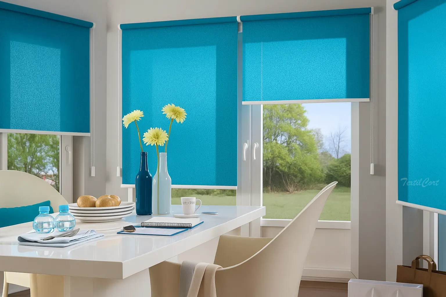 Estores enrollables resinados azules salon textilcort