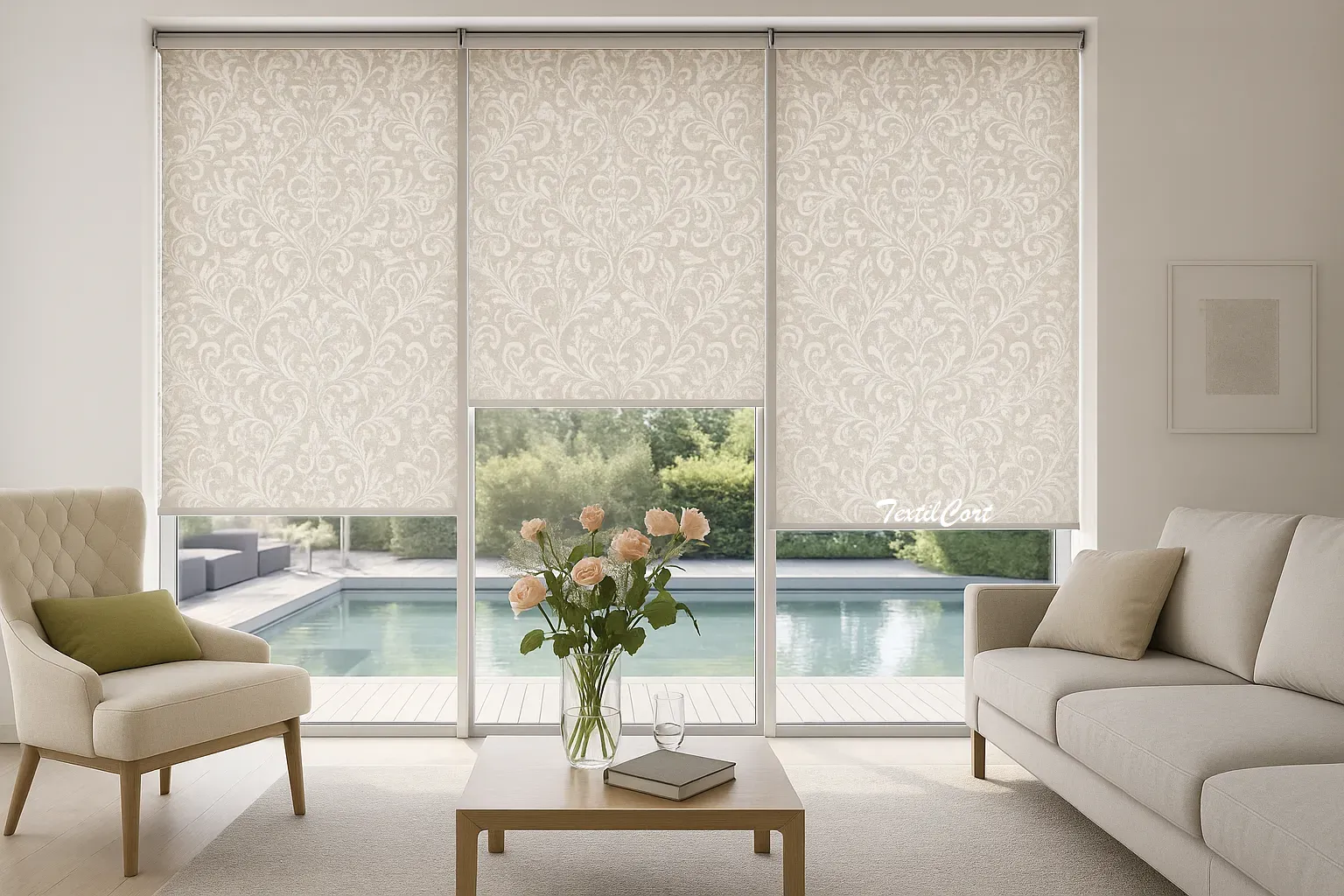 Estores enrollables resinados estampados blanco beige textilcort