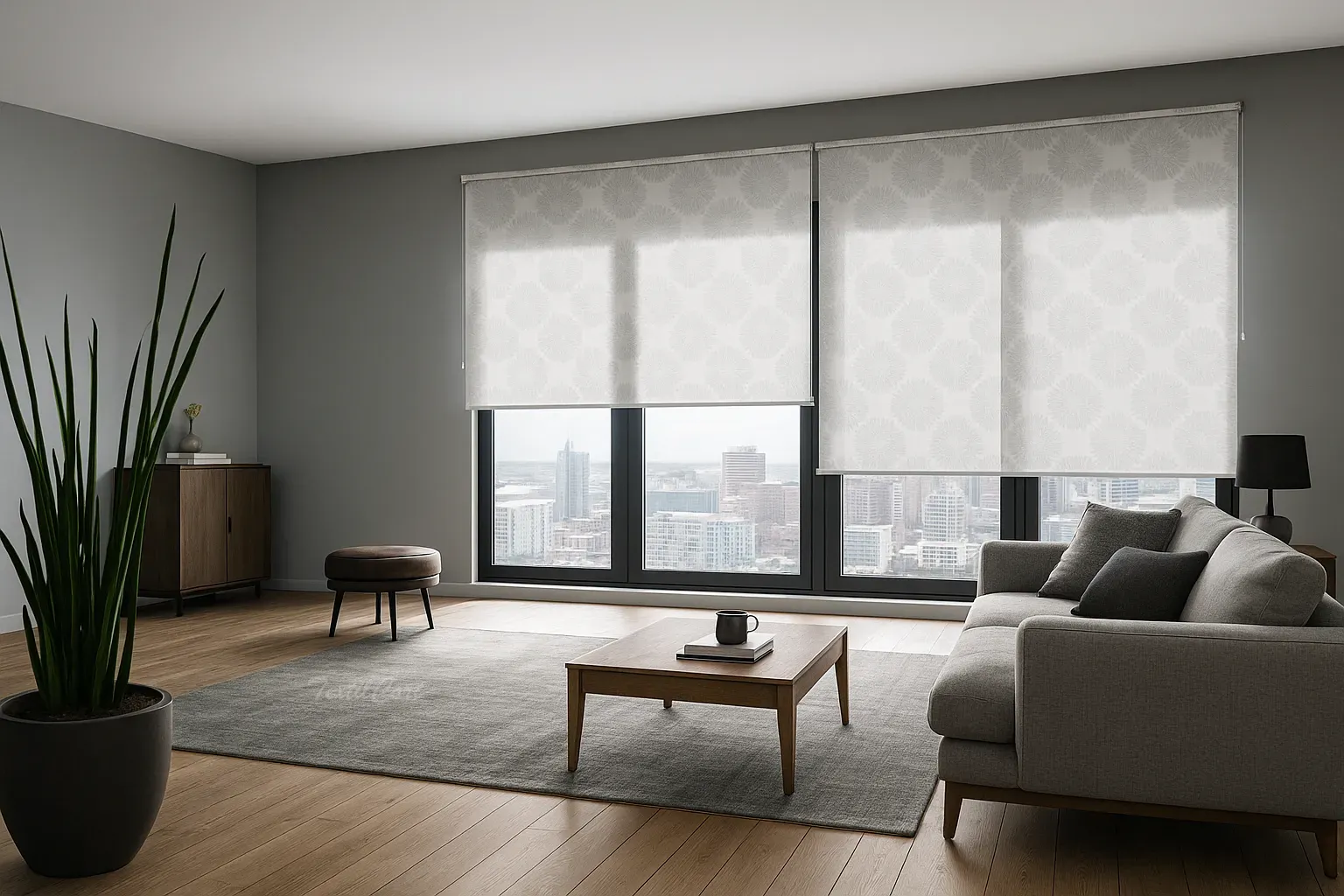 Estores enrollables resinados estampados blanco gris salon textilcort